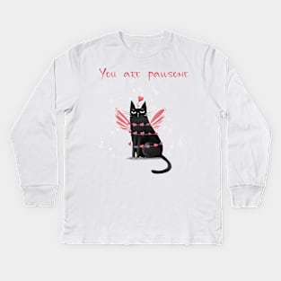 Happy valentines black cat. Cute cat and red hearts. Kids Long Sleeve T-Shirt